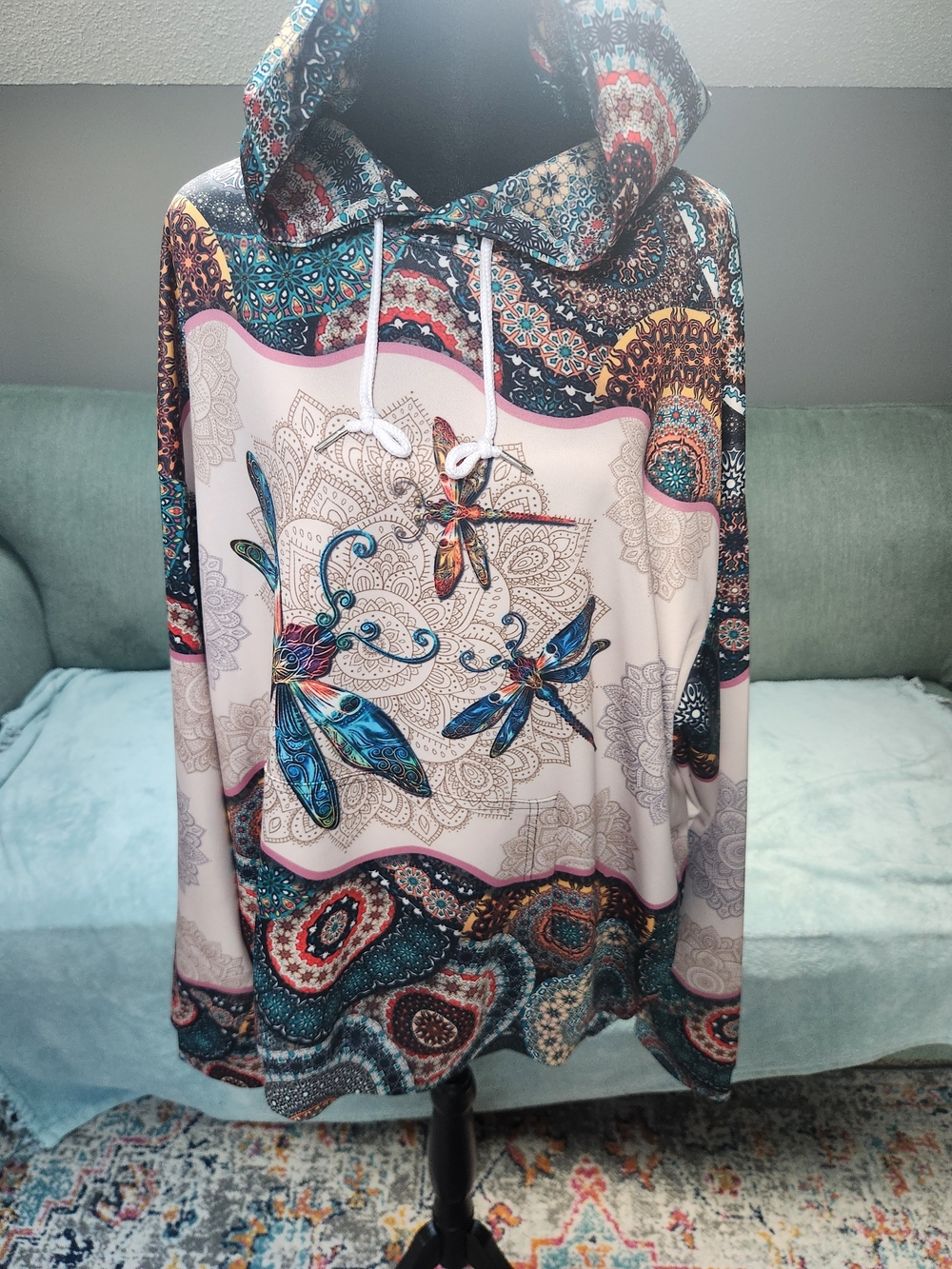 Boho Dragonfly Hooded Pullover Hoodie Pink & Teal XL